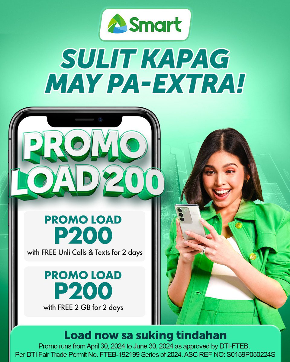 Don't miss out on this sulit promo!

Sugod na sa inyong mga suking tindahan para mag-avail ng #SmartPromoLoad! Get freebies like unli calls and texts or free data! <a href="/LiveSmart/">SMART</a>