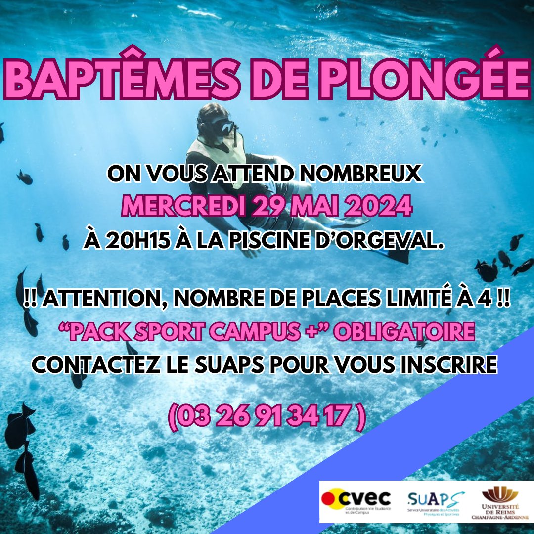 Tu as loupé le dernier baptême de plongée? Voici la prochaine date ! 🤿N'hésite pas à te lancer et viens vivre une expérience atypique !! Pour s'inscrire, il suffit de nous contacter au 03 26 91 34 17.