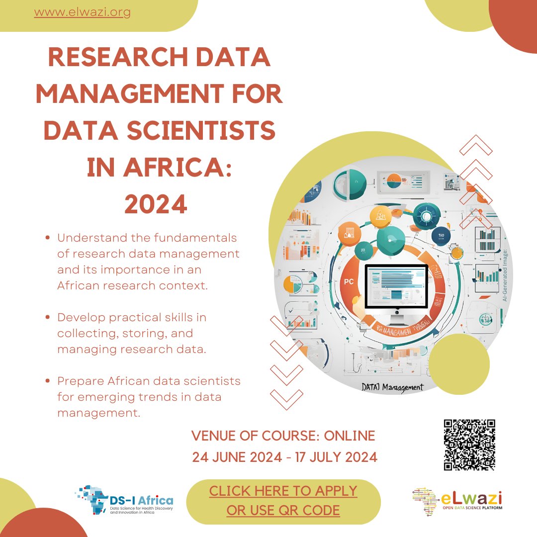 The applications to the Research Data Management for Data Scientists in Africa are open!!!📢 Don't miss out! Apply by May 31st 2024 #DSIAfrica #DataScience #Data @DSI_Africa