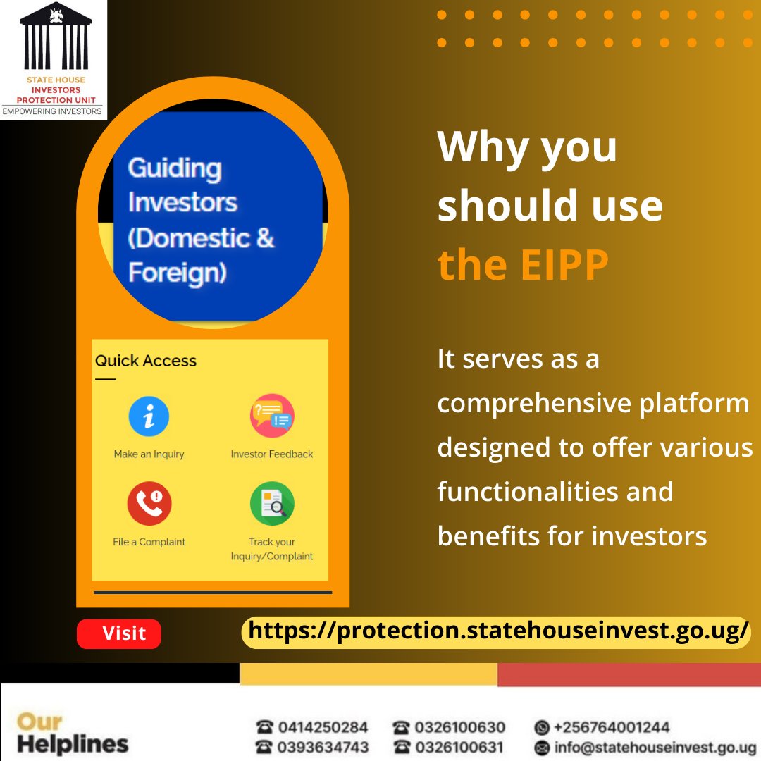 Monday reminder! The Uganda Electronic Investors Protection Portal (EIPP) is a comprehensive portal designed to offer various functionalities and benefits to investors. Access the portal at protection.statehouseinvest.go.ug @edthnaka #EmpoweringInvestors