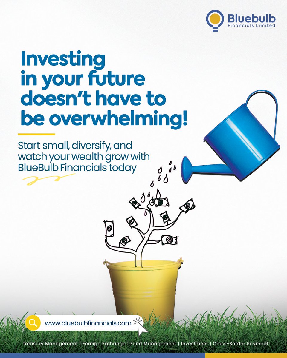 Grow smart, stress less. 
Start small & diversify with BlueBulb's expert guidance & easy-to-use platform. 

Invest in your future, today.

Learn more on our value proposition at bluebulbfinancials.com 

#Bluebulb  #GrowYourFuture #SmartInvesting