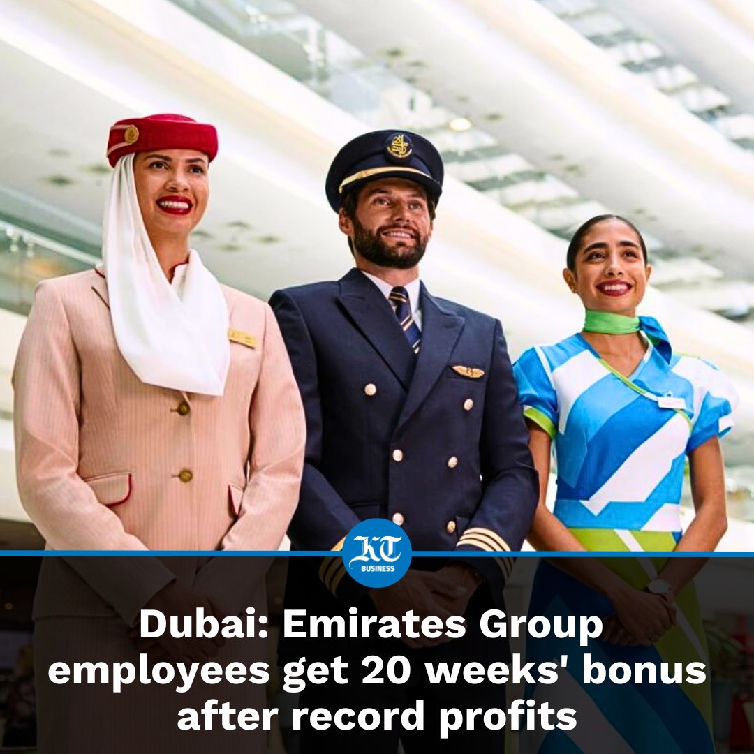 khaleejtimes's tweet image. The @emirates Group has awarded its employees with #Bonus equivalent to 20 weeks' salary, to be deposited into their May salaries. 

The bonus comes as a celebration from the group for its record performance in the fiscal year 2023/2024, during which it achieved its highest-ever…