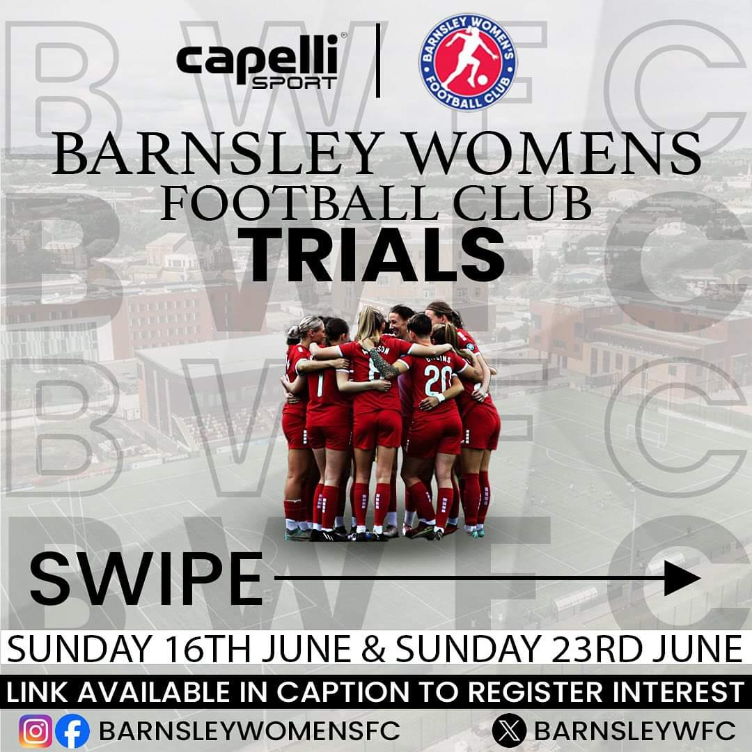 ANNOUNCEMENT 📣 

📅 We are thrilled to announce our trial dates on Sunday 16th and Sunday 23rd June 2024.
@BarnsleyWFC
For more information click the link in our Instagram bio our our Twitter pinned tweet 🙌

#bwfc #barnsleywomensfc