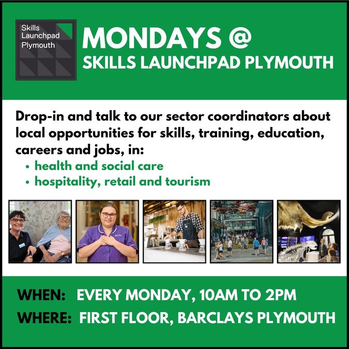 TODAY at Skills Launchpad Plymouth Don't miss out on our first #WelcomingPlymouth Jobs and Training drop in between 11am and 1pm - it's a great chance to explore #Plymouth's latest opportunities to work or train in tourism, hospitality, retail and leisure. #Skills4Plymouth