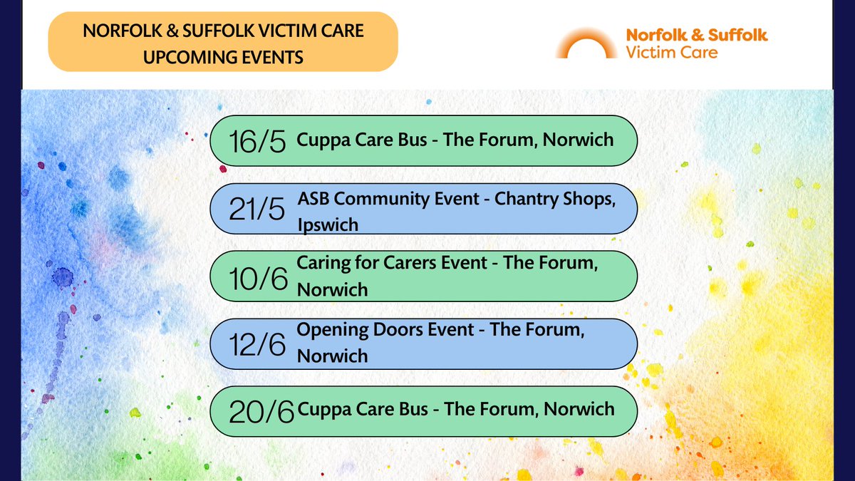We'll be out & about a few events over the next month. Please do come along and see us and have a chat 😊

#events #supportafteracrime #Norfolkandsuffolkvictimcare #victimsupport