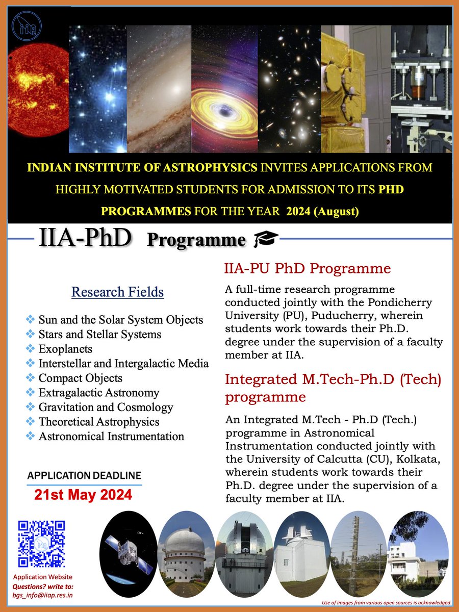 Has doing a Ph.D. in astronomy always been your dream? Apply to our IIA-PU Ph.D. program and the Integrated M.Tech-Ph.D. program! 🌐 Application website iiap.res.in/phd_2024/ 🗓️ Deadline: 21 May 2024 @IndiaDST @asipoec @doot_iia @CosmosMysuru @Indus_SolPhy @fiddlingstars