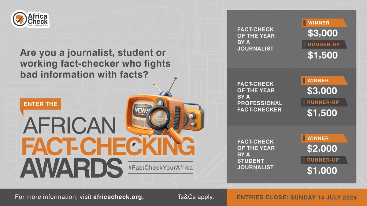 CALL FOR ENTRIES: Journalists, students and working fact-checkers who fight dis/misinformation on the continent are invited to enter @AfricaCheck's 2024 African Fact-Checking Awards, now in its 11th year. 🗓️ Deadline: 14 July. Details: bit.ly/4bcq8Ag