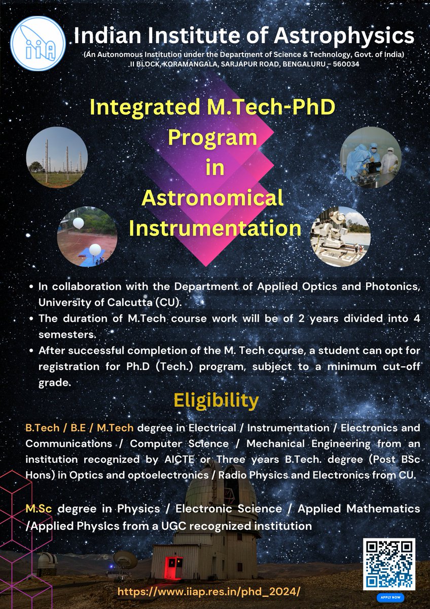 Do you want to design & build telescopes, spectroscopes and more? Our IIA-CU Integrated M.Tech-Ph.D. astronomy instrumentation program is for you! 🌐 Application website iiap.res.in/phd_2024/ 🗓️ Deadline: 21 May 2024 @IndiaDST @asipoec @doot_iia @CosmosMysuru @fiddlingstars