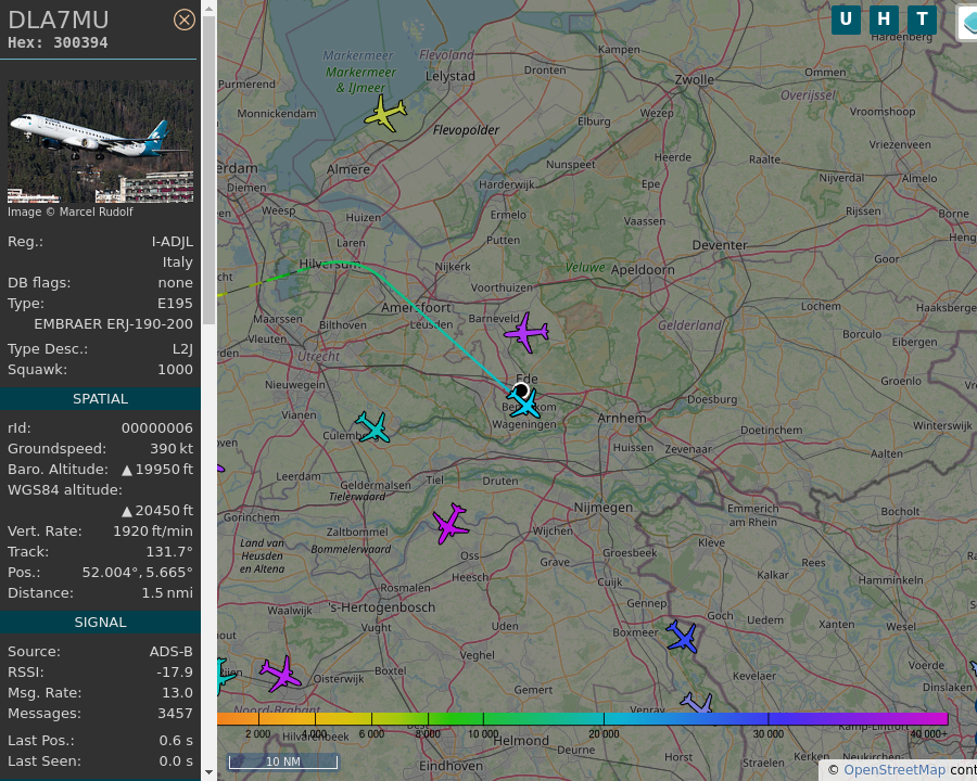 AboveEde's tweet photo. #DLA7MU I-ADJL EMB-195 LR Air Dolomiti AMS-MUC Amsterdam Airport Schiphol to Munich Airport: 0.8 mi away @ 19475 ft and 77.3° frm hrzn, heading SE @ 494.1mi/h 07:30:33. #MovingQuickly #ADSB #dump1090 https://t.co/uepNkhIoai