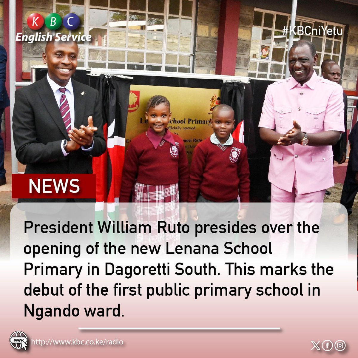 President William Ruto presides over the opening of the new Lenana School Primary in Dagoretti South. This marks the debut of the first public primary school in Ngando ward. ^PMN #KBCEnglishService