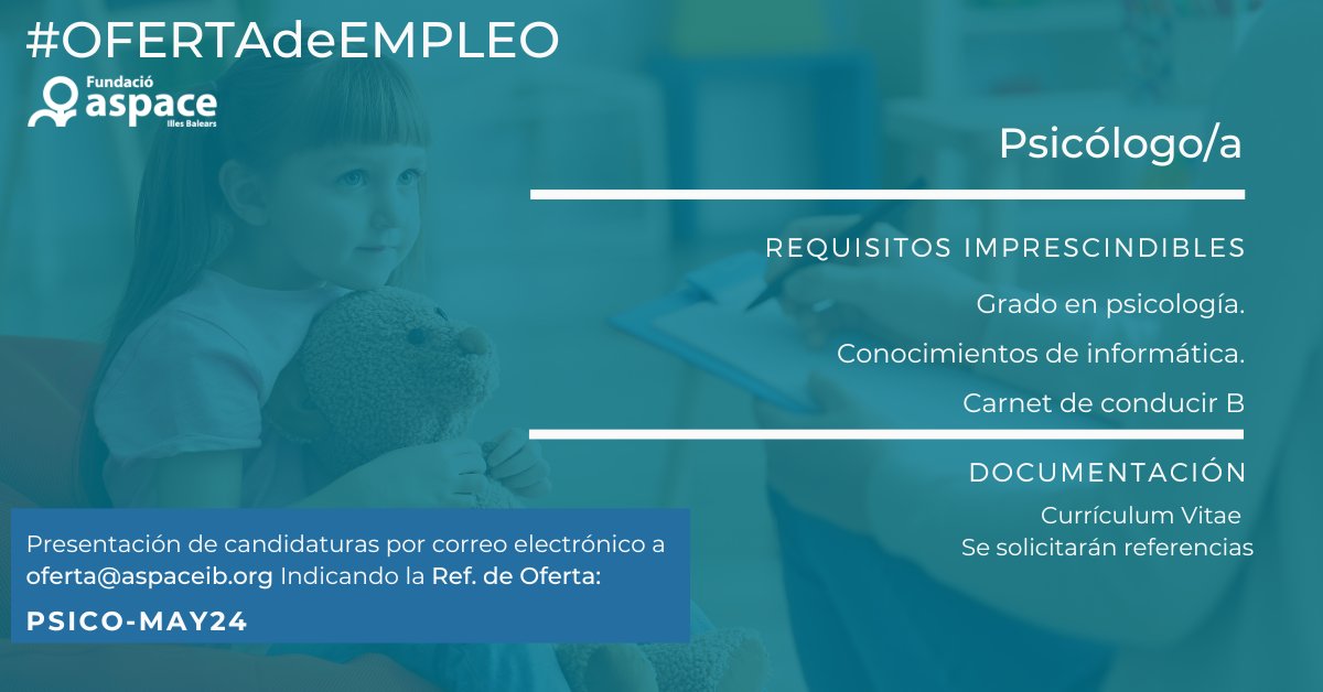 aspaceib's tweet photo. [#OfertaEmpleo] ⚡ ¿Quieres trabajar con nosotros?

Actualmente, Fundació Aspace busca 👉👉 Psicólogo/a para incorporarse a los servicios de Atención Temprana de #SEDIIA.

ℹ️ Más información en https://t.co/9QJKj29WdA

#ofertatrabajo #mallorca #aspaceib #psicología https://t.co/IX0gT50Qi7