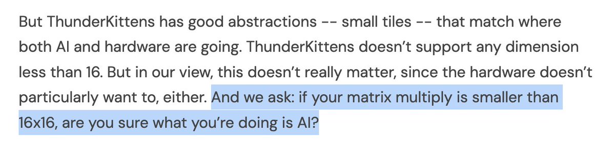 Amazing thread and the associated writeup is even better: hazyresearch.stanford.edu/blog/2024-05-1… 'And we ask: if your matrix multiply is smaller than 16x16, are you sure what you’re doing is AI?' 😂