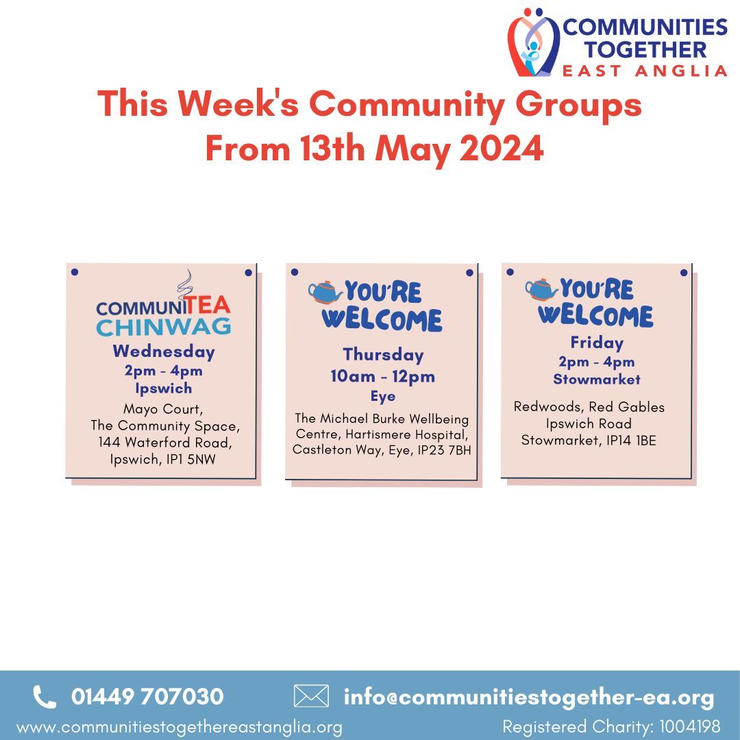 SESSIONS THIS WEEK

For more information about our sessions please contact info@communitiestogether-ea.org or call 01449 707030.