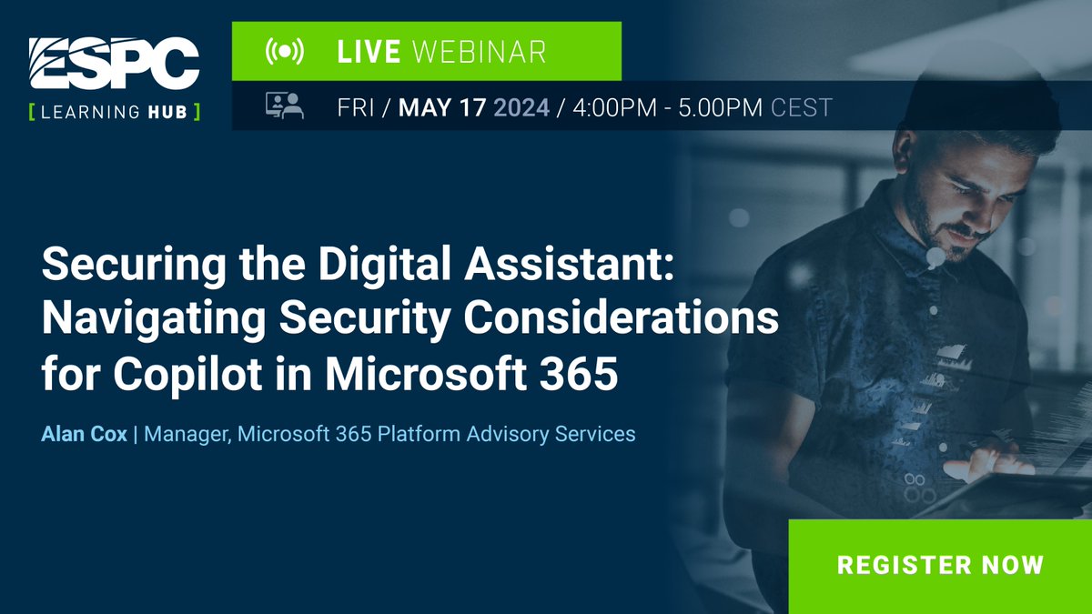 ESPC_Community's tweet photo. [#MicrosoftCopilotWeek] 🔒 Join us for an insightful webinar on "Securing the Digital Assistant: Navigating Security Considerations for #Copilot in Microsoft 365" with Alan Cox, MVP! 

Register now: https://t.co/BY2XSVjT1W

#DigitalAssistantSecurity #Microsoft365 #DataPrivacy https://t.co/CwIVuBDKWi