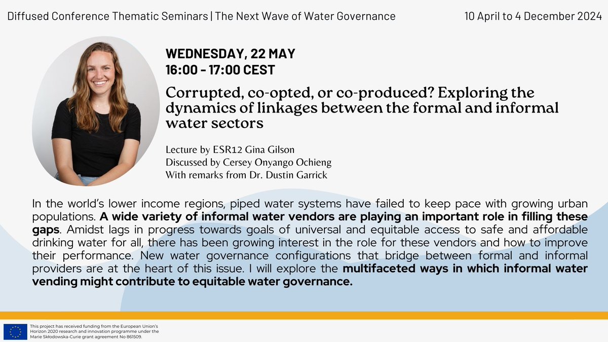 🗓️ 22 May • 4PM CEST

🤝"Corrupted, co-opted, or co-produced? Exploring the dynamics of linkages between the formal and informal water sectors" with NEWAVE ESR @ginagilson.

📚3rd session of the “Next Wave of #WaterGovernance”

🔗Register here: vu-live.zoom.us/webinar/regist…