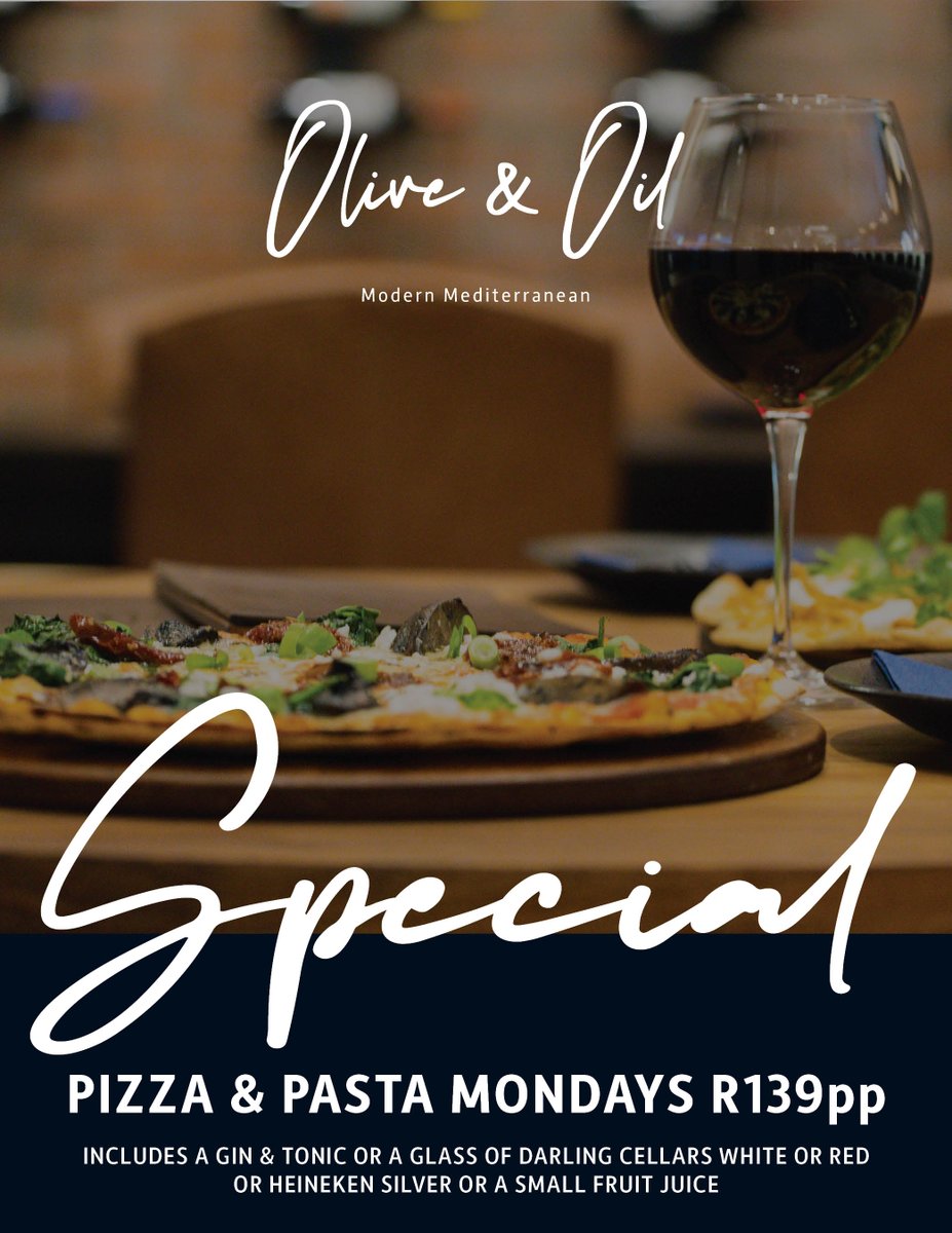 IT’S ALL ABOUT THE “P” PIZZA, PASTA MONDAY 🍕🍝 🍕🍝 Calling all foodies! Indulge in Olive & Oil's delicious Pizza or Pasta special for only R139 It’s the best in town🤤 But wait, there's more! Pair your meal with a complimentary *drink. Only on Mondays! *Specified drinks only