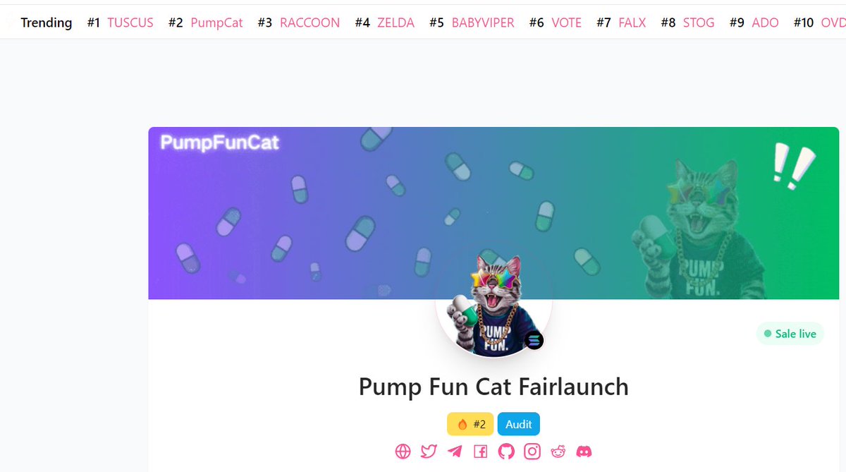 pumpfuncat's tweet photo. Top trending #2 on pinksale 

⚪️PinkSale Fair Launch: 
https://t.co/KXXjREpDOI https://t.co/0e9aQq3Z3y