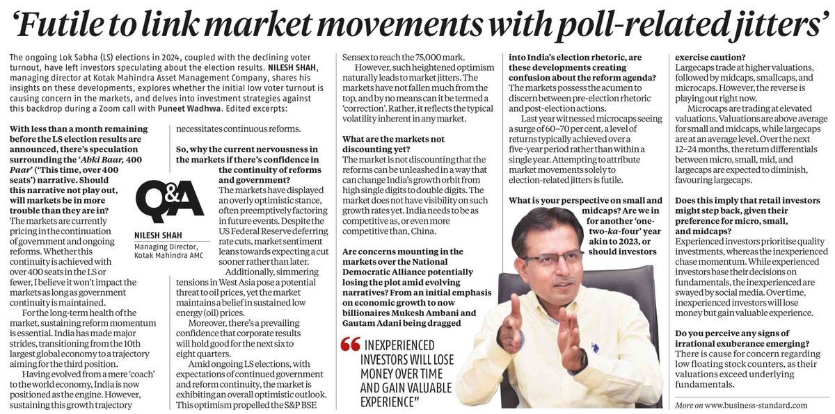 “Experienced investors prioritise quality investments, whereas the inexperienced chase momentum. While experienced investors base their decisions on fundamentals, the inexperienced are swayed by social media.” - @NileshShah68 shares interesting insights in an article by @bsindia