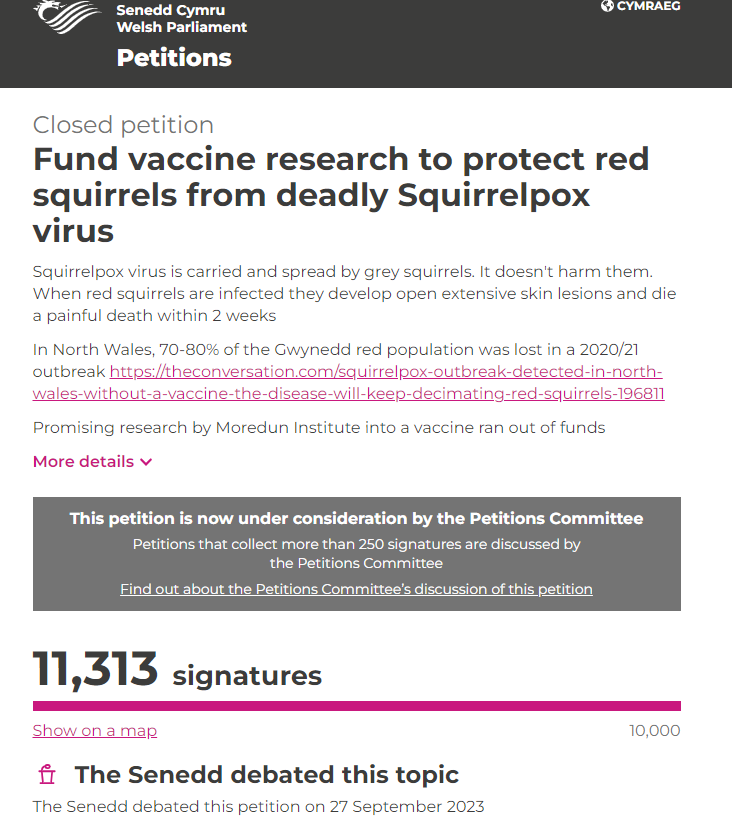 SQUIRRELPOX VACCINE debate in Senedd Sept 2023. Strong cross party support for saving the red squirrel. Whether protein-based immunogen or attenuated virus vaccine approach, we should be urgently discussing and progressing development. bbc.co.uk/iplayer/episod…