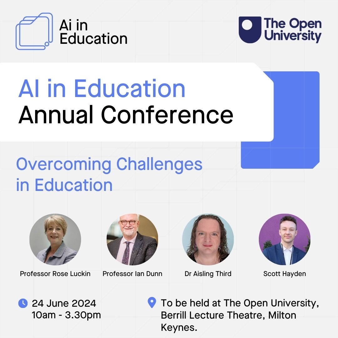 Don't forget to book your place at our annual conference - 24 June 2024, the OU, Milton Keynes. An opportunity to hear from four keynote speakers, engage in two interactive breakout sessions and network with colleagues. ai-in-education.co.uk