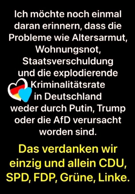Kleine Bild-Ergänzung:  Nicht allein die  Merkel-CDU +
SOZEN +  GRÜNE-Klima-SEKTE + Wurmfortsatz
(FDP) + KOMMUNISTEN, haben diesen
Staats-Notstand zu verantworten !!
Mit-VERANTWORTLICHE:
#Grünfunk (ÖRR & Co.) + Gutmenschen +
das riesige Millionenheer der Gleichgültigen !!   😱 😱