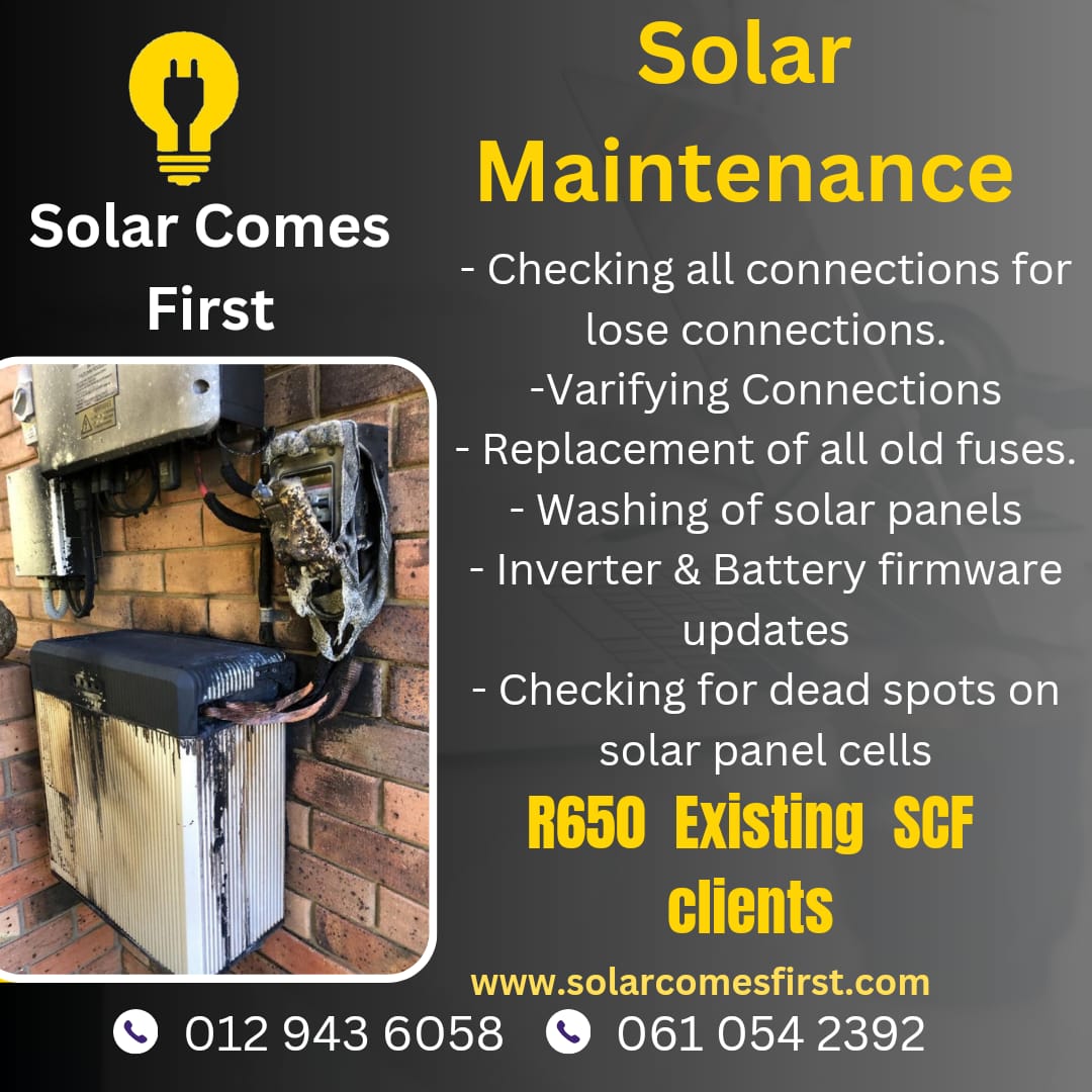 Solar Comes First Pty-Ltd
The Future
Switch to Solar today...
Start saving tomorrow...
For your FREE quote contact us today
Paul: 061 054 2392 / Paul@solarcomesfirst.co.za
Office: 0129436058 / Info@solarcomesfirst.co.za
Webpage: solarcomesfirst.com