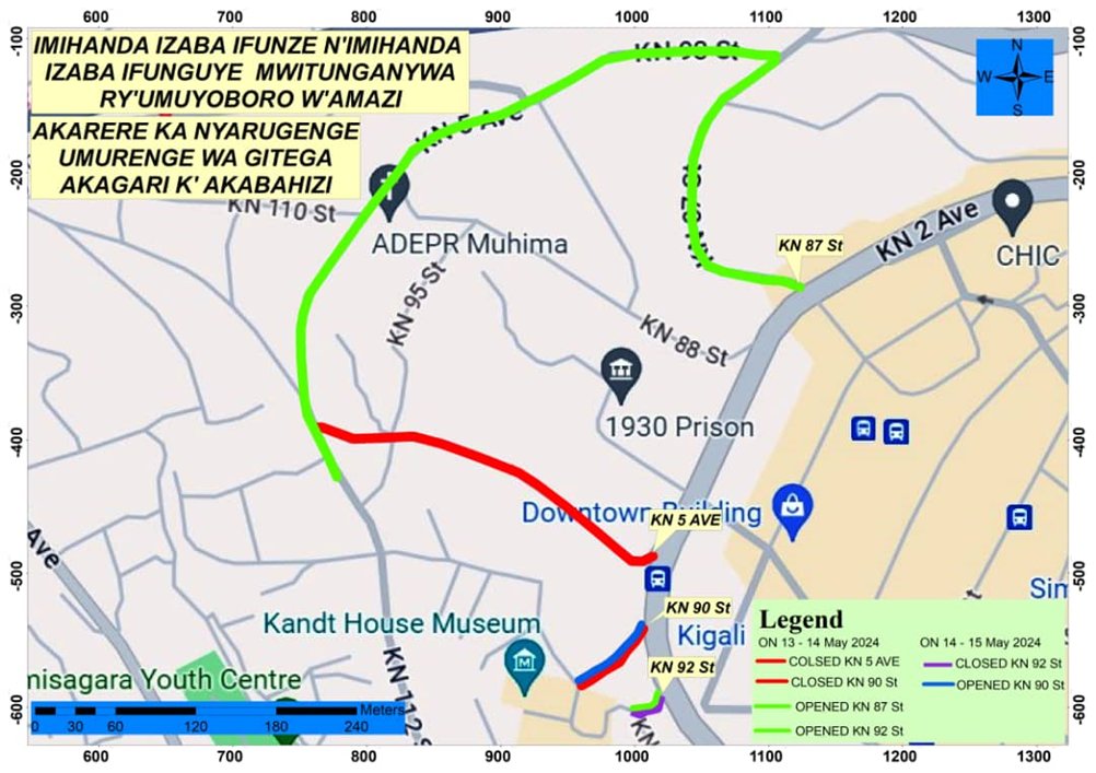 Umujyi wa Kigali uramenyesha abantu bose ko hateganijwe imirimo yo kugeza itiyo y’ amazi mu Murenge wa Gitega, Akagali k’Akabahizi izakorwa hagati ya tariki ya 13 na 15 Gicurasi 2024. Ni muri urwo rwego hari ibice by’imihanda bizaba bifunze. 1/5