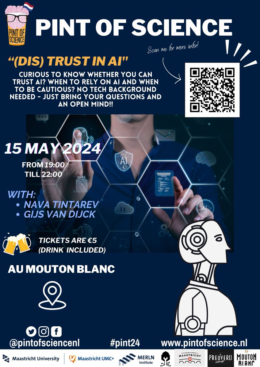 🚨 🚨 PINT ALERT!! 🍻 🧠 The 2024 Pint of Science festival starts today! An awesome lineup of events are on - get your tix before they sell out!! 🤯 Maastricht - Mon's events are already sold out but there are still 🎟️ available on Tues🇬🇧 and Wed🇳🇱. Scan the QR for tix!