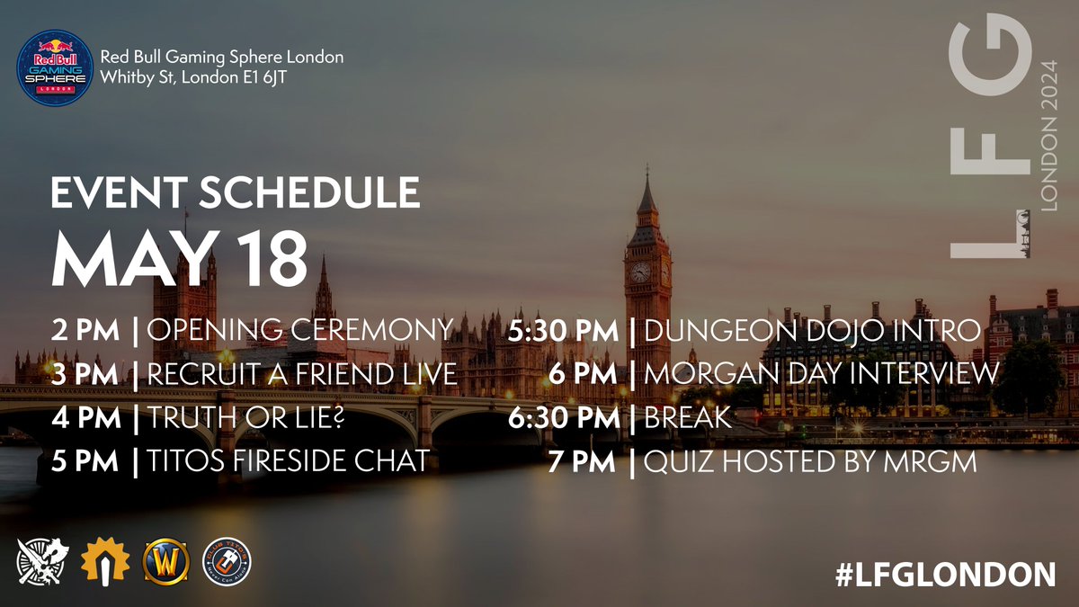 lfgwowevent's tweet photo. LFG London Full Schedule 🇬🇧

Our very first WoW Community event is nearly upon us so here is the full schedule of the day for attendees at the Red Bull Gaming Sphere and on Twitch

📅 Event Timings
In-Person: 11am - 10pm BST
Live Stream: 2pm - 8pm BST

Main Stage Host: @Kexman 

2pm: Opening Ceremony
Join us as we open the show live from the Red Bull Gaming Sphere with some opening words from @MrGMYT and then over to @Kexman to take us through the run of the day and on a “Kexploration” around the venue to show the folks at home

3pm: Recruit a Friend LIVE
@CartridgeBros will be traveling from Canada to host his World of Warcraft podcast “Recruit a Friend” with guests @RageDarling & @ImmonatePOV from Method. Recruit a Friend is a podcast dedicated to the real-life people behind one of the world’s most popular video games, World of Warcraft.

4pm: Truth or Lies?
This will be a gameshow segment on the main stage based off the popular TV show “Would I Lie To You?”. The teams compete as each player reveals unusual facts and embarrassing personal tales for the evaluation of the opposing team. Some of these are true, some are not, and it is the panelists' task to decide which is which. The teams will be “Team Dan” consisting of @MrGMYT, @okaymage & @AdamShwaginz Vs "Team Bear" which is @Beartrice_WoW, @ShoxxyQt & @bigbadbeardo 

5pm: Titos Fireside Chat
We are honored at LFG to have some of the legends behind “Club Titos” attending our event. In this panel, they will tell you about alll the incredible work they do as a community at BlizzCon and now events around the world.

5:30pm: Dungeon Dojo Introduction
@wochinimen will take to the stage to give a full introduction to the Dungeon Dojo, letting you know it all started, what they are and what they do, and their plans for the future.

6pm: Morgan Day Interview
We will have an exclusive live stream Interview with Associate Game Director of World of Warcraft Morgan Day asking all your burning questions regarding the next World of Warcraft Expansion - The War Within

6:30pm: Break

7pm: World of Warcraft Quiz Hosted by MrGM
We will end the day with a World of Warcraft-themed Quiz hosted by @MrGMYT! There will be physical & digital prizes for those in attendance along with digital goodies for those participating in the Stream

*All times are BST and are subject to change
