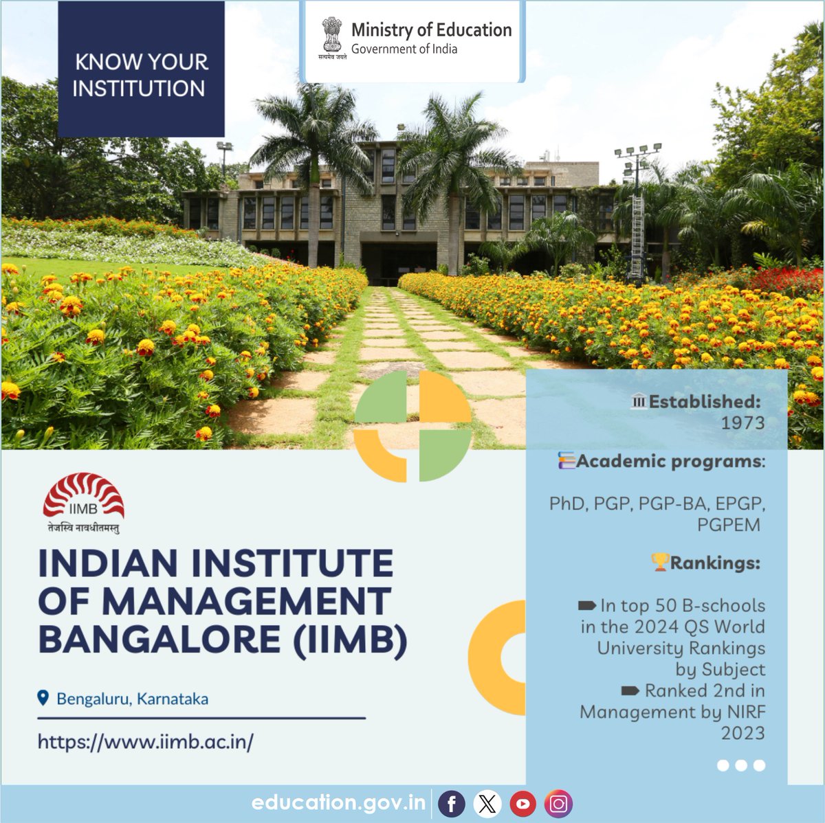 Know about the HEIs of India! Indian Institute of Management Bangalore (IIMB) is one of India's premier management schools, established in 1973. It is also recognised as an Institute of National Importance. The institution’s logo carries a proclamation in Sanskrit, तेजस्वि