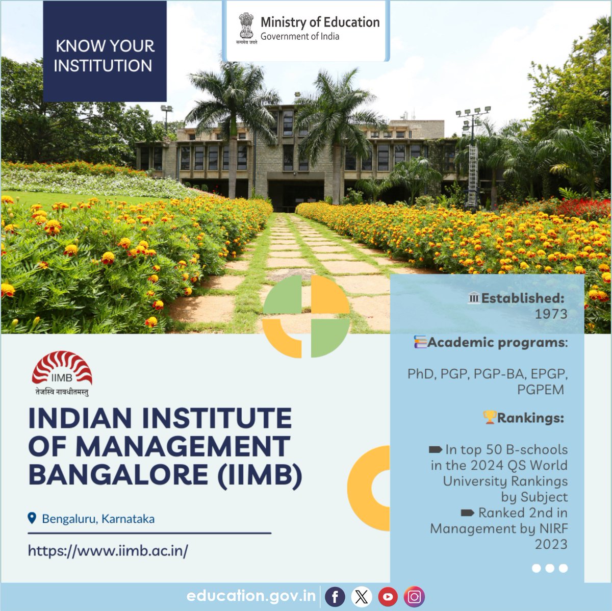 Know about the HEIs of India!

Indian Institute of Management Bangalore (IIMB) is one of India's premier management schools, established in 1973. It is also recognised as an Institute of National Importance. The institution’s logo carries a proclamation in Sanskrit, तेजस्वि