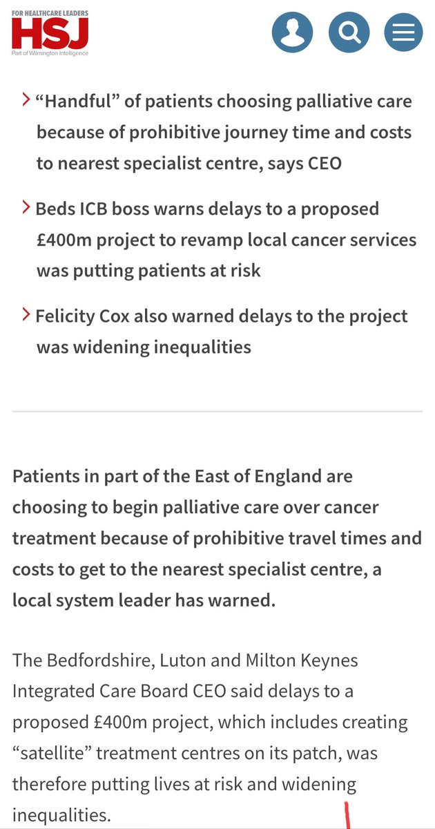 'Patients are choosing palliative care over cancer treatment’ due to lack of local services, CEO warns hsj.co.uk/bedfordshire-l…