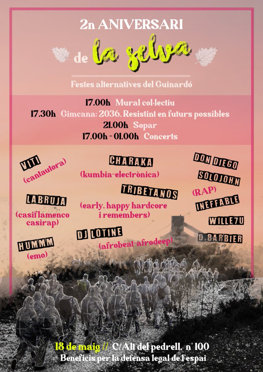 La_selva_grr's tweet image. 📍Aquest dissabte us esperem al segon aniversari de la Selva! 🎊Farem un mural participatiu🎨, una gimcana sobre com fer front a la crisi ecosocial des del barri🌡️🌪️💣, i tindrem sopar i música en directe fins la nit! Veniu a gaudir de les Festes Majors Populars del barri 🎊