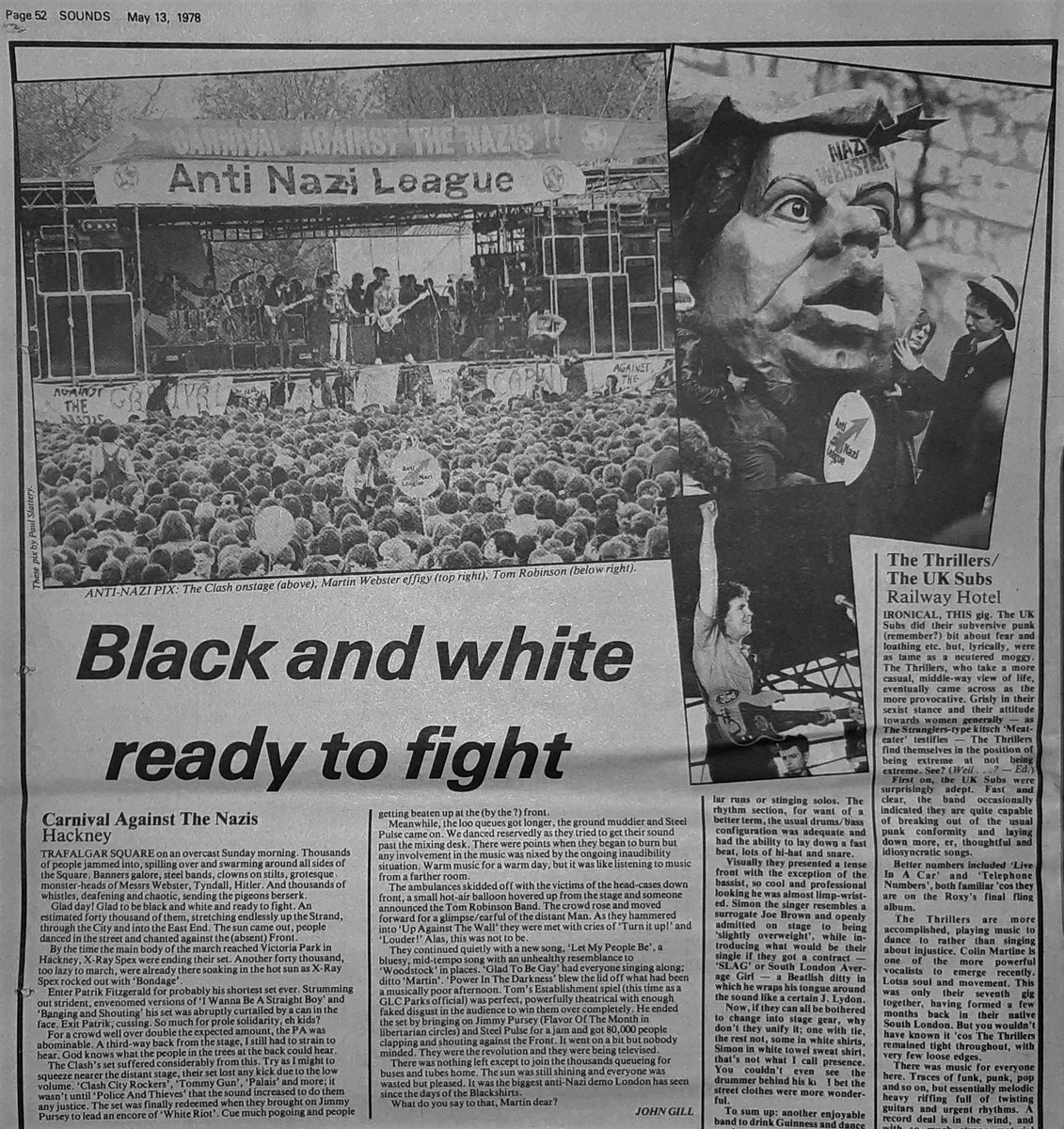 The Carnival Against The Nazis gig in Hackney reviewed by John Gill in Sounds 13th, May 1978, including X-Ray Spex, The Clash, Steel Pulse and Tom Robinson Band. @TheClash @gladtobegay @freshnet