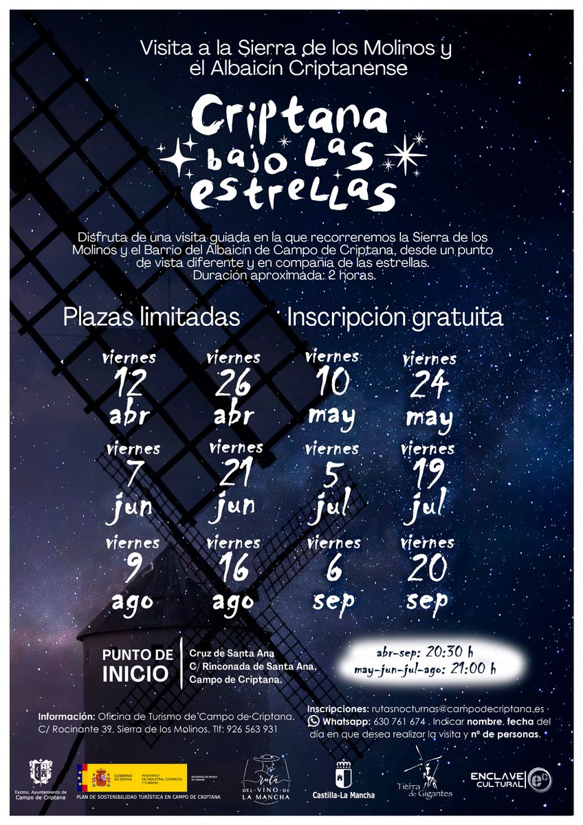 ✨ 'Criptana bajo las estrellas' actividad para dar a conocer la Sierra de los Molinos y el Albaicín nocturno. ℹ️ La rutas son gratuitas, previa inscripción 👇🏼rutasnocturnas@campodecriptana.es o WhatsApp al número 630 761 674.