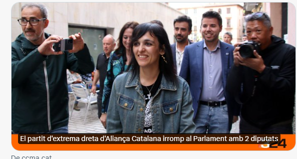 El titular diu que el partit d'extrema dreta “irromp” al Parlament amb 2 diputats. El PP que multiplica per 5 els seus escons i VOX que manté els que tenia, ja sumen 26 escons de l'extrema dreta espanyolista al Parlament, són una allau?