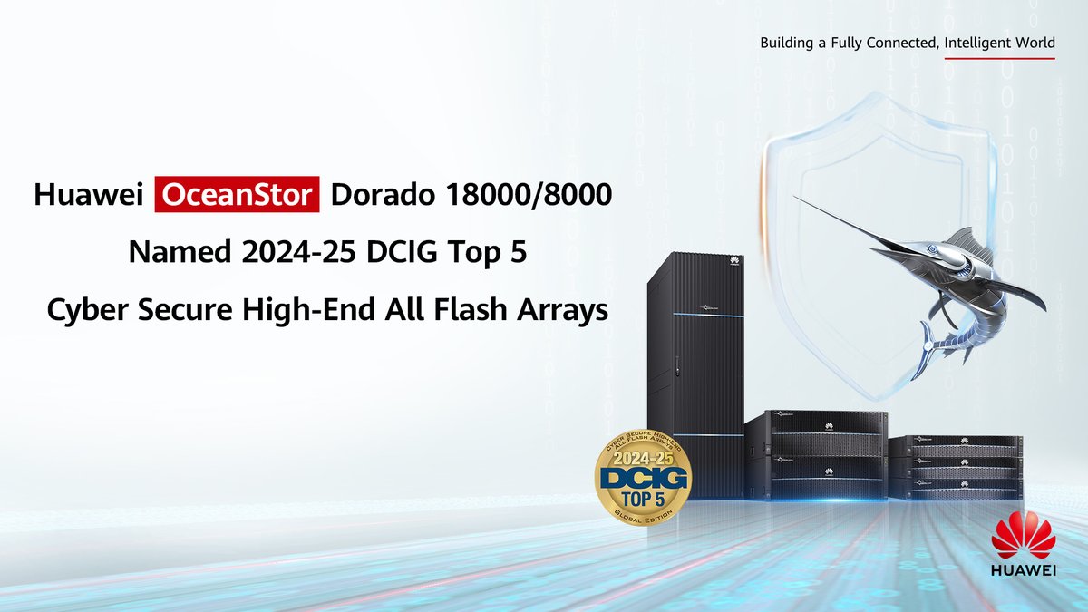 🏆 #Huawei #OceanStorDorado 18000/8000 named among the 2024-25 #DCIG Top 5 Cyber Secure High-End All Flash Arrays. See how these storage systems ensure your mission-critical workloads are always-on here. Read more: bit.ly/3zP3D15 #HuaweiStorage