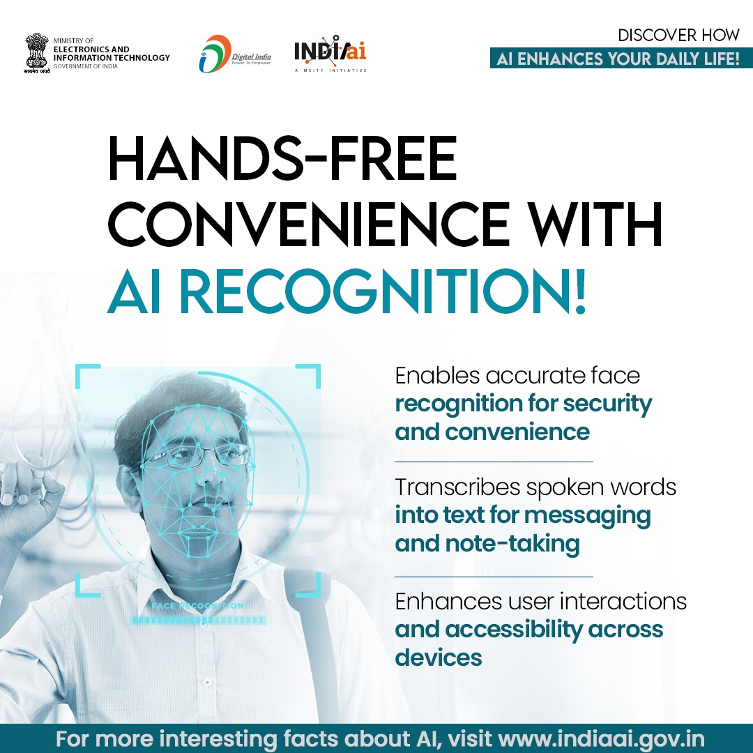 🗣️Did you know? AI recognizes faces in photos and understands your voice commands.

📸Use speech-to-text for easy typing and enjoy personalized experiences on apps and devices! Explore more at indiaai.gov.in 
#DigitalIndia @OfficialINDIAai @startupindia @MSH_MeitY