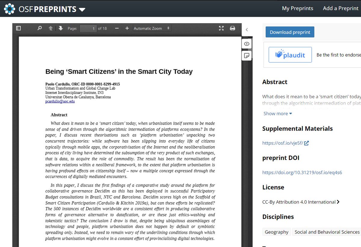 kiddingthecity's tweet image. Being ‘Smart Citizens’ in the Smart City Today   

New paper: pre-print available via Open Science Framework   
#SmartCity #PlatformUrbanisation #SoftInfrastructure #Commoning #Citizenship #Decidim #Barcelona

osf.io/preprints/osf/… via @OSFramework