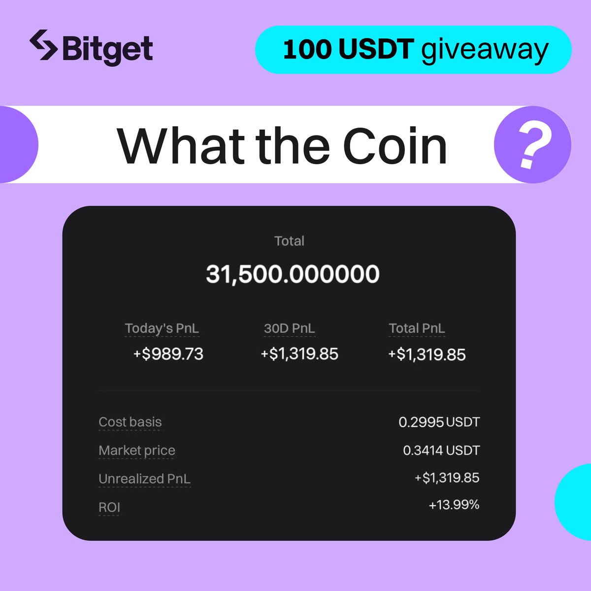 $100 GIVEAWAY 🚨

📢 Calling for Coin-mes! This is a P&L screenshot from a real #Bitget user.

Can you identify which coin it is?

🔹Comment your answer using #BitgetChallenge 
🔹Follow @bitgetglobal, RT & tag friends
🔹5 winners * 20 $USDT

💡Hint: the coin starts with P...