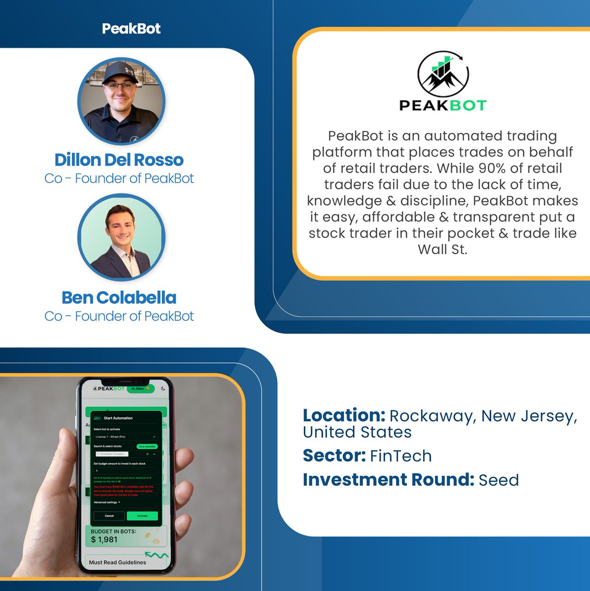 @UsePeakBo is an automated trading platform that places trades on behalf of retail traders.
💡🌟  Thanks,Dillon Del Rosso, Ben Colabella   for joining our entrepreneurial community.!  Explore the Profile equitymatch.co/portfolio/peak… /
#startups #founders #investment #EquityMatchity!