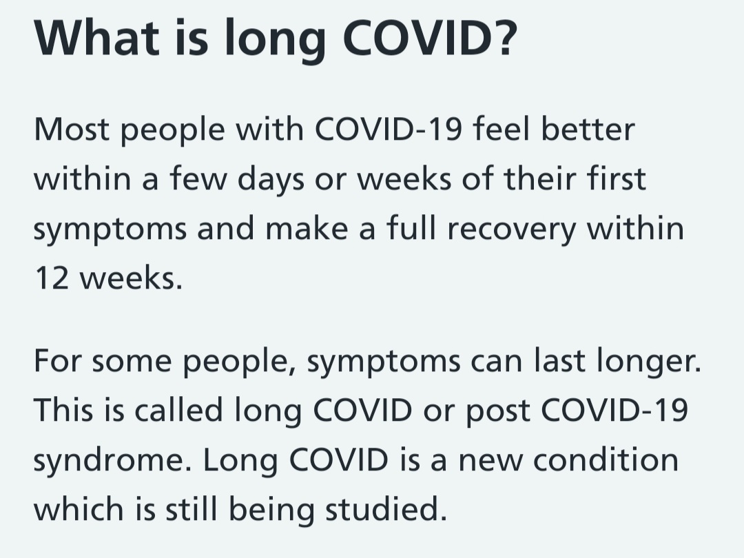 Note that a good outcome is considered as recovering within 12 weeks (NHS website). 3 months. This, apparently, is a 'mild' disease that people will mock you for trying to avoid for yourself or your family.
