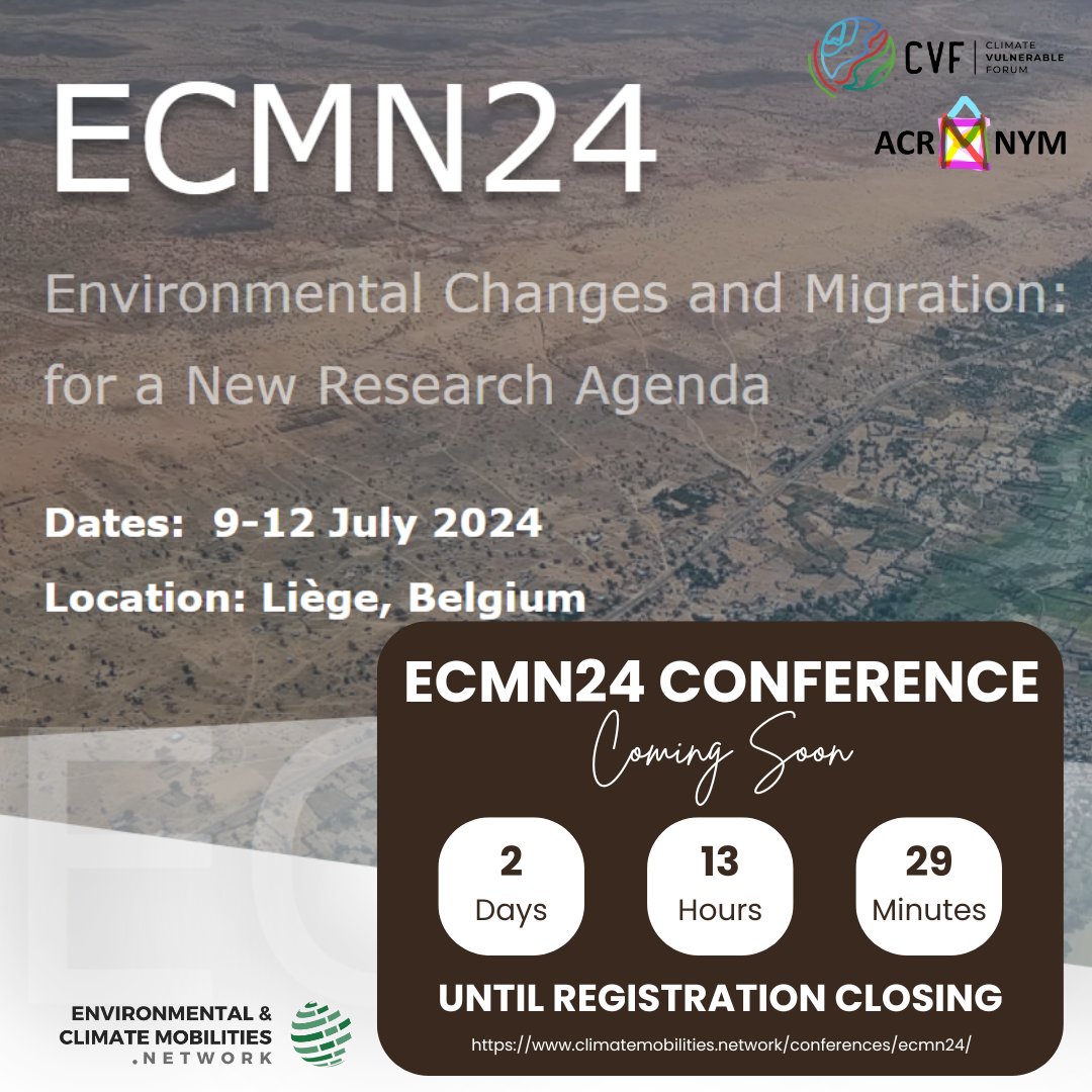 ⚠ Ultimate chance to register for the ECMN24 Conference➡climatemobilities.network/conferences/ec…
Ddl 15 May included🚨
ℹ📣Free registration fees for Students and PhD candidates affiliated with Liège University, Université Paris Cité, Institute for Central Europe (Bratislava).