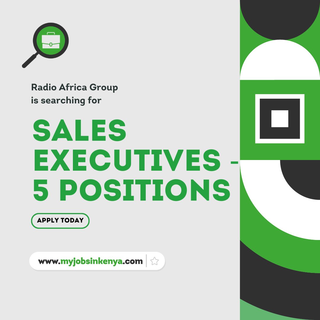 Radio Africa Group is recruiting 5 Sales Executives

Visit myjobsinkenya.com or click on the link to apply lnkd.in/d9raYRjK

#job #jobs #jobsearch #jobsinkenya #jobsearching #jobseekers #jobseeker #jobseeking #jobhunt #jobhunting #jobhunter