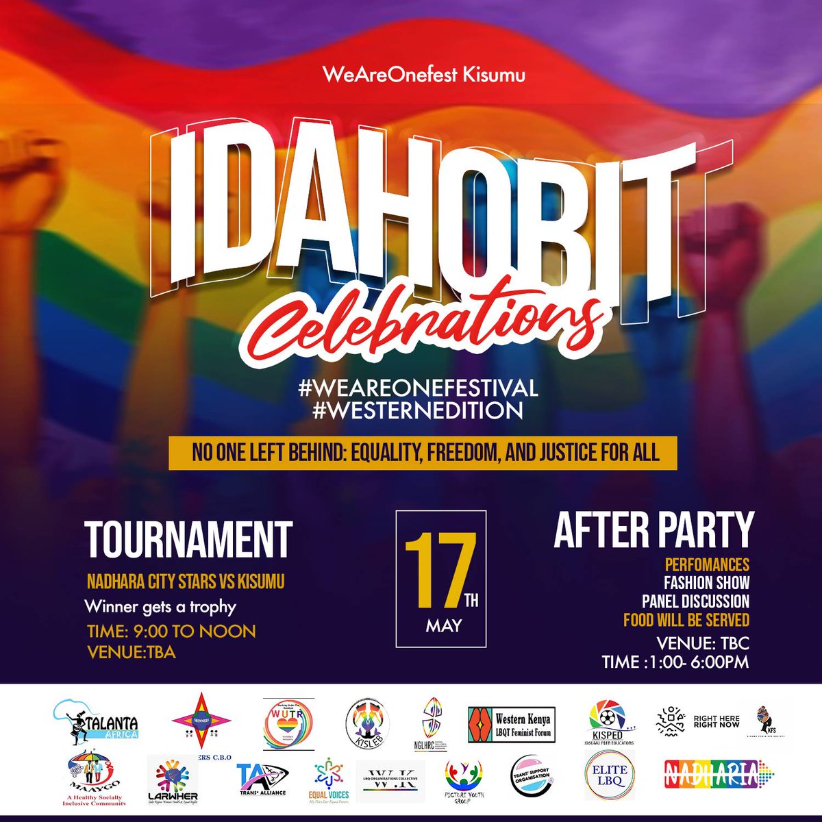 We're excited to celebrate this year's IDAHOBIT in Kisumu. With the theme 'NO ONE LEFT BEHIND' we've got a fun-filled day planned with activities, tournaments, and amazing performances. Let's promote equality, freedom, and justice for all together! #westernedition #IDAHOBIT2024