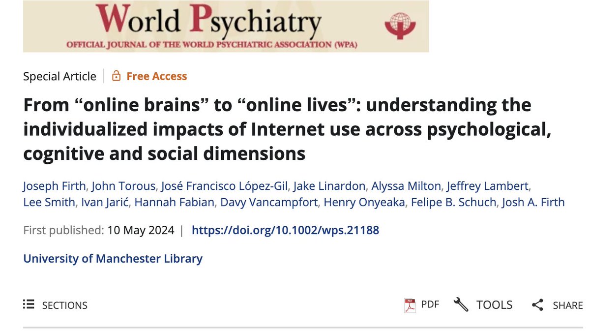 Joseph Firth (@josephfirthuom) on Twitter photo How do our "Online Lives" influence mental health & cognition? 
Our new article in World Psychiatry aggregates evidence from RCTs, epidemiology, neuroscience & qualitative studies to examine the multi-faceted impact of online lives: 
doi.org/10.1002/wps.21… How do our "Online Lives" influence mental health & cognition? 
Our new article in World Psychiatry aggregates evidence from RCTs, epidemiology, neuroscience & qualitative studies to examine the multi-faceted impact of online lives: 
doi.org/10.1002/wps.21…