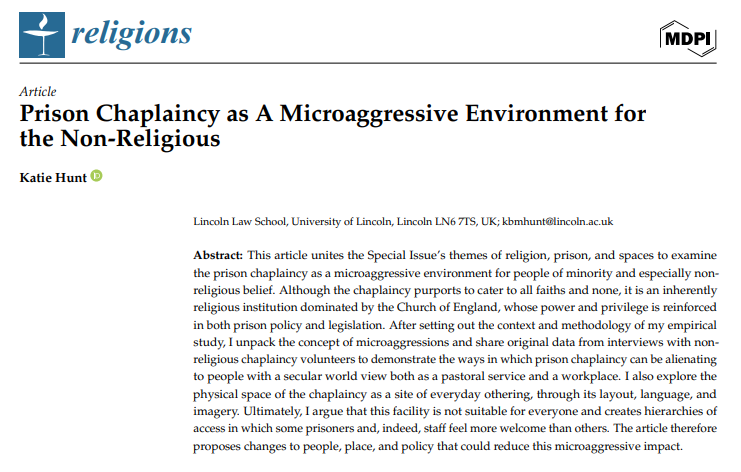 My new article, 'Prison Chaplaincy as A Microaggressive Environment for the Non-Religious', has been published in @Religions_MDPI as part of a special issue on Religion & Prison. Thank you to the guest editors for inviting my contribution. @MDPIOpenAccess mdpi.com/2077-1444/15/5…