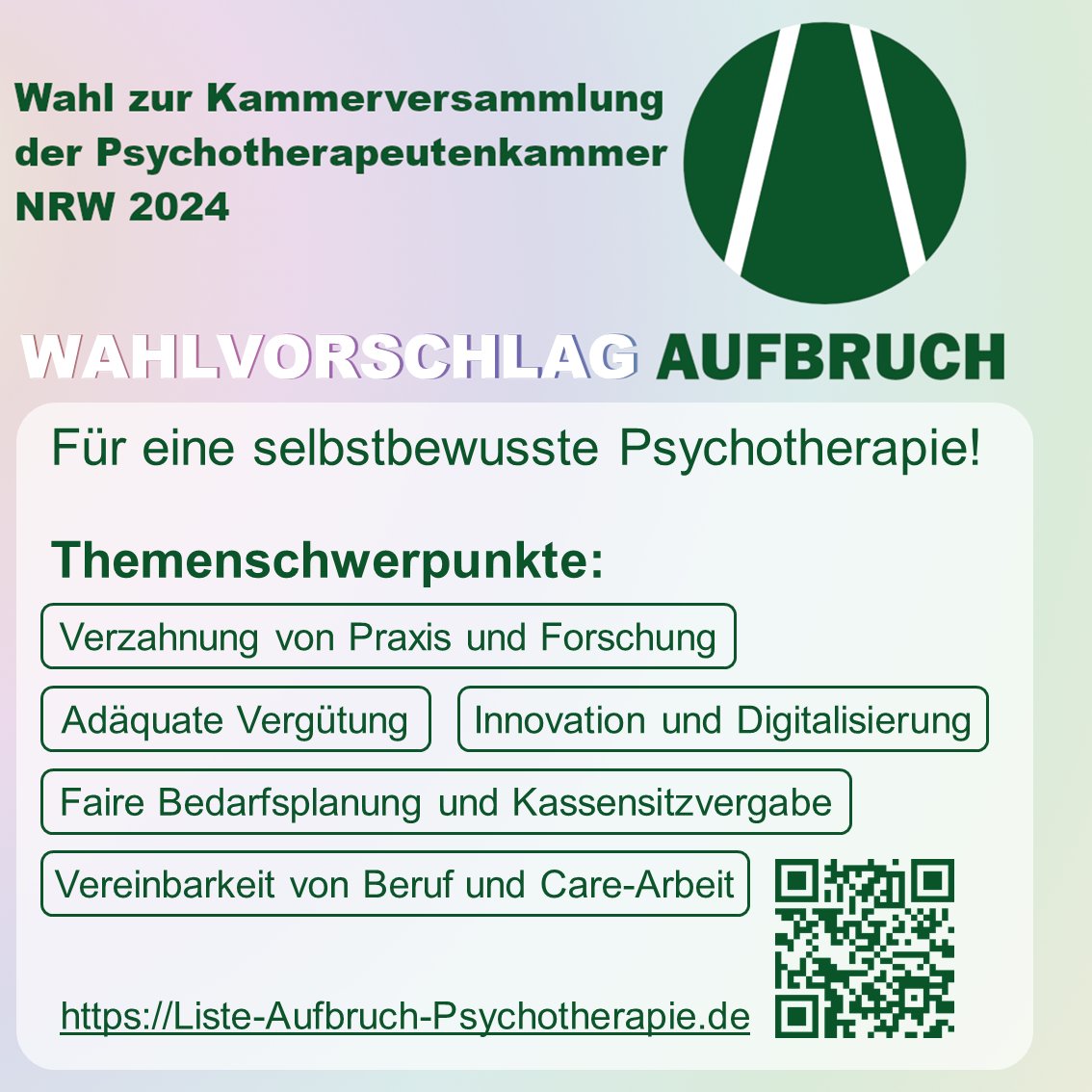 Hey #Psychobubble Ich trete für die Liste 'Aufbruch' an, weil ich die Situation für Jungapprobierte in der PTK vertreten und verbessern möchte. Für eine faire Vergabe von Kassensitzen und somit auch eine Verbesserung der Versorgung, vor allem für Kinder und Jugendliche. #ptkwahl