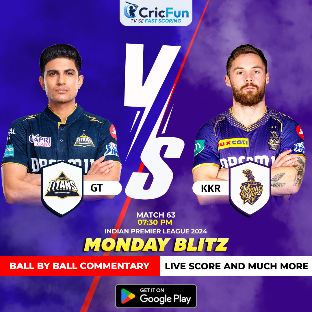 Monday bhi hoga mazedar jab #ShubmanGill ki Gujarat Titans💙 aur #ShreyasIyer ki Kolkata Knight Riders💜 hogi aamne samne. GT aur KKR ke beech khela jaayega Ind T20 League 2024 ka Match 63. Is dhamakedaar muqable💥 ka luft uthaiye India ke fastest live scoring app, “Cricfun” Par.