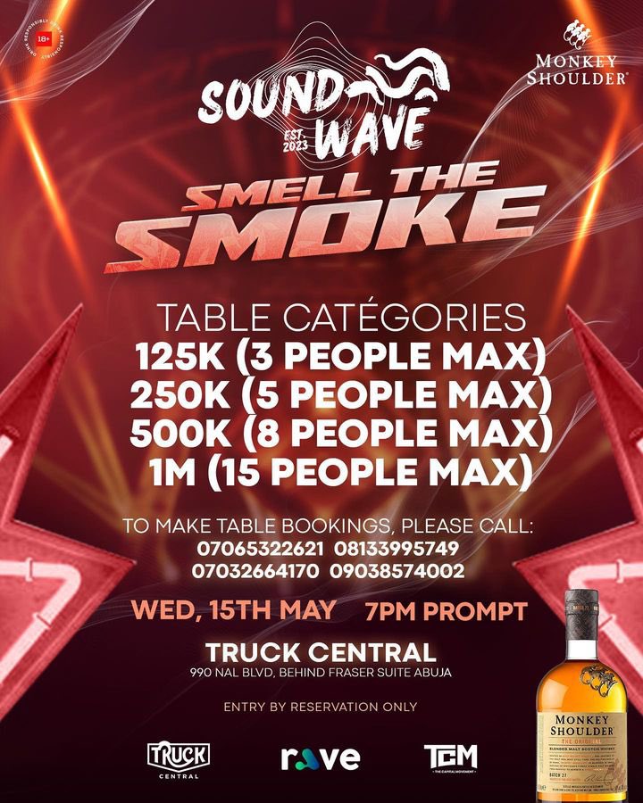 AbujaKulture's tweet photo. Abuja!!! Soundwave is back and this time with the amazing DJ BURNA for SMELL THE SMOKE

Date: Wednesday 15th May 2024
Venue: Truck Central Abuja

For Reservations: 07065322621, 08133995749, 07032664170, 09038574002.

See you there chale 🫵🏻

#AbujaTwitterCommunity #Abuja https://t.co/q6Vf5jhtKo
